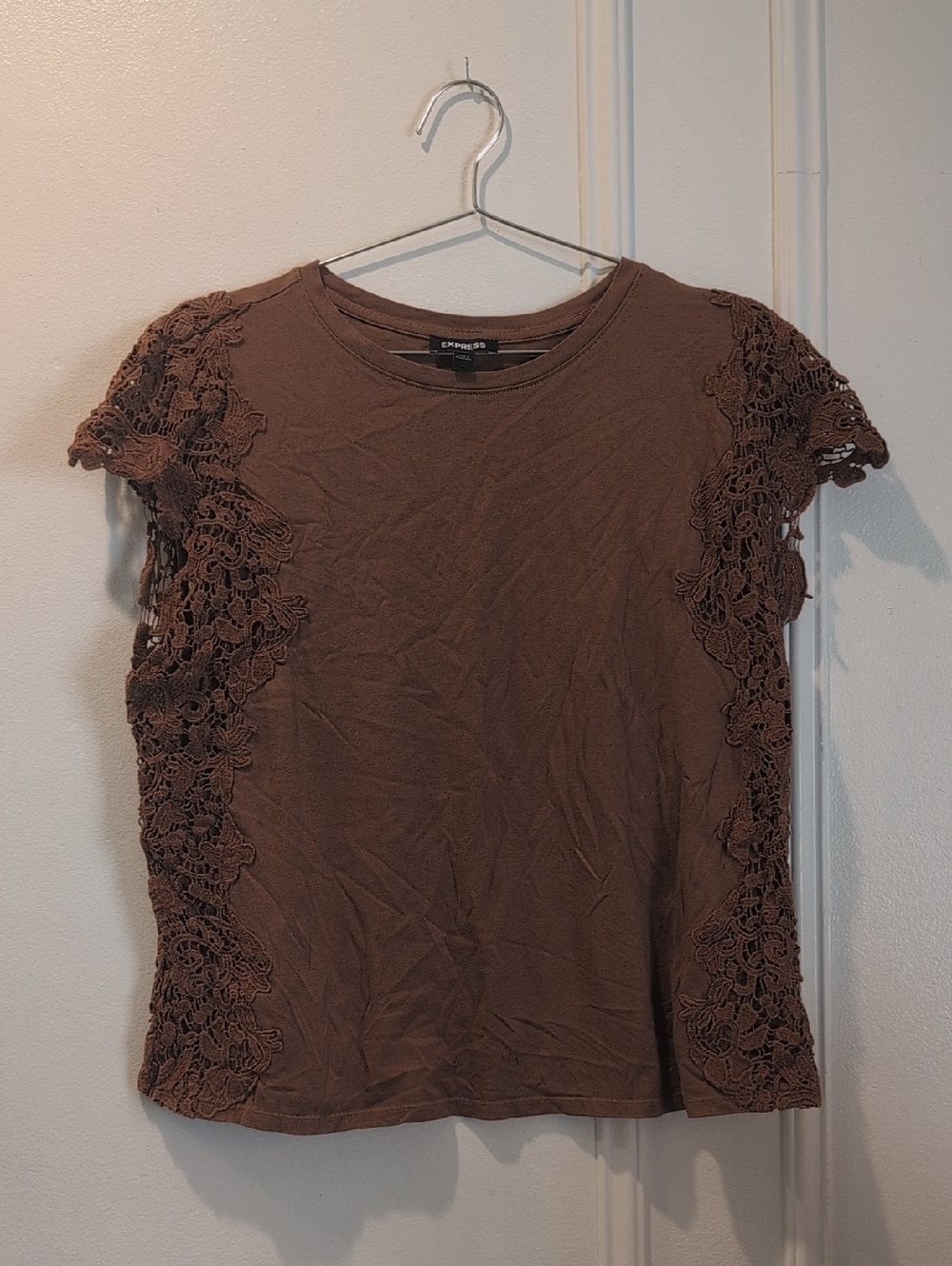 Express Brown Short Sleeve Tee with Lace Panels